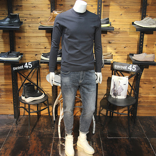 秋冬男士天丝针织衫半高领简约净版修身弹力毛线衣寸领长袖针织衫