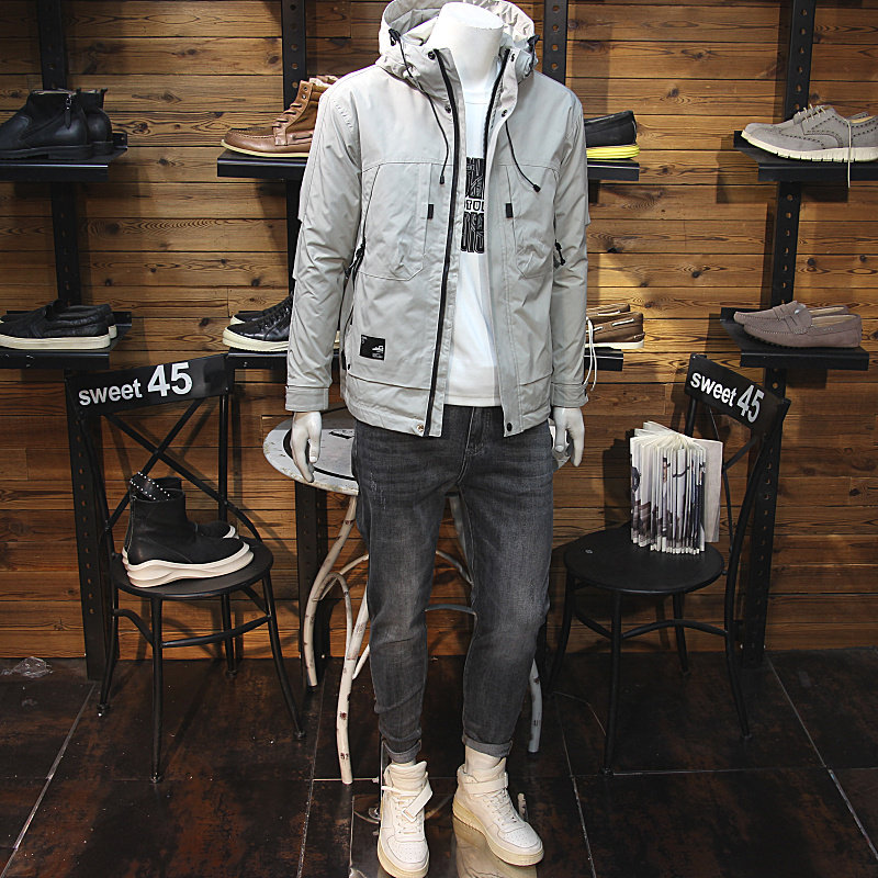 冬装男连帽棉服拼接拉链口袋青年修身保暖防风薄棉二棉夹克外套