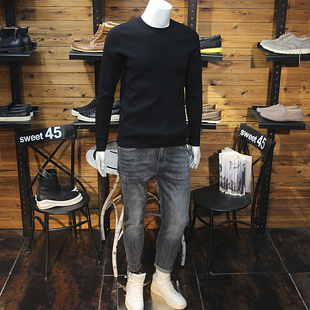 丝光羊绒秋冬男针织长袖毛衣圆领修身简约立体小标轻奢简欧男毛衣