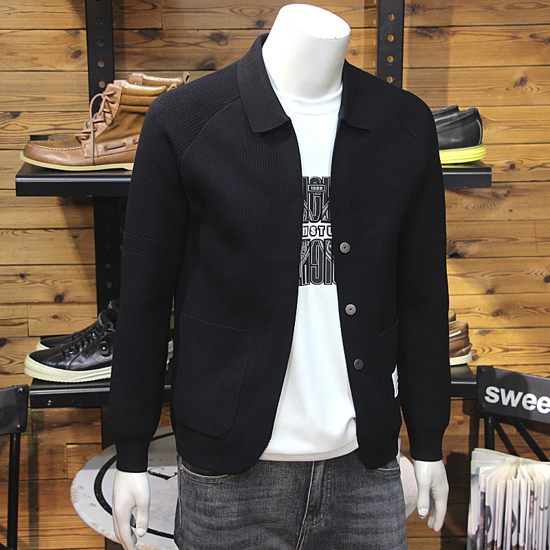 秋装男士翻领针织开衫简约三粒扣青年时尚修身休闲毛衣夹克外搭