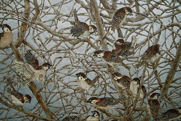 麻雀 冬日雪舞 蛋壳画 漆画 毕业创作画 展览幻城美画定制热卖