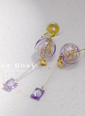 Lace无耳洞蚊香盘耳夹原创设计紫色玻璃泡中长款瘦脸星星圣诞耳饰