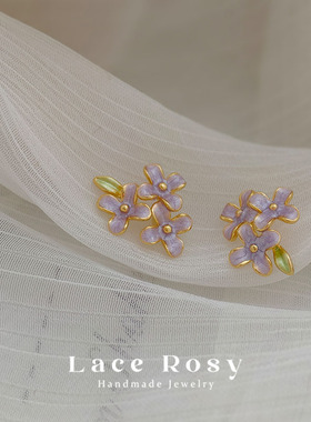 Lace无耳洞蚊香盘耳夹紫罗兰花团紫色小清新花朵滴油新品夏季耳饰