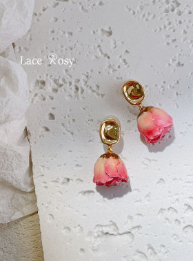 Lace无耳洞蚊香盘耳夹原创设计真花玫瑰粉红色蔷薇干花复古法式女