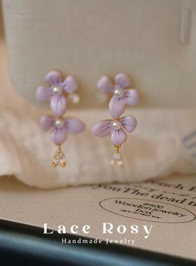 Lace无耳洞蚊香盘耳夹法式浪漫紫阳花复古浅紫色滴油锆石气质耳钉