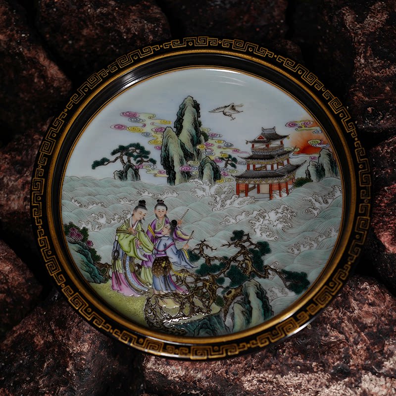 龙圣华苑景德镇陶人临古早期仿铜釉珐琅彩麻姑献寿图赏盘名家手绘