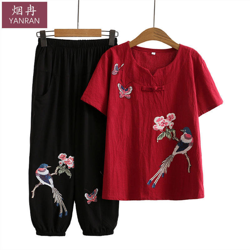 单件/套装 中老年妈妈装棉麻套装洋气女奶奶夏装宽松大码短袖t恤