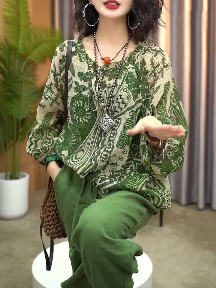 民族风棉麻套装2024春夏新款复古印花上衣百搭哈伦裤洋气T恤小衫
