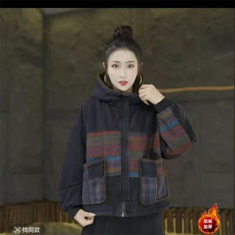 抖音菲菲冬季新款加绒加厚时尚连帽大口袋保暖棉衣棉服牛仔外套