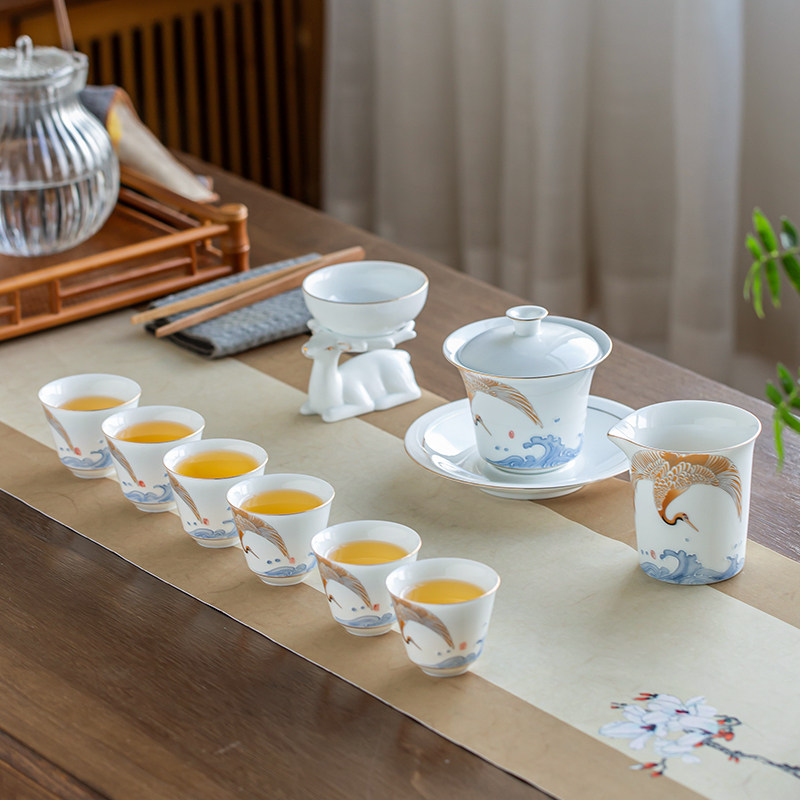 甜白瓷描金盖碗茶杯茶壶功夫茶具套装礼盒家用客厅旅行高档陶瓷器