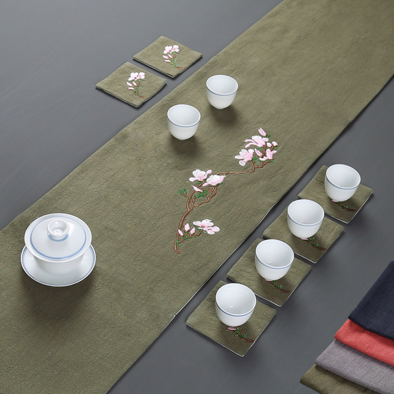 复古刺绣茶席桌布 棉麻禅意桌旗布艺中式桌旗麻布 茶台布茶具日式