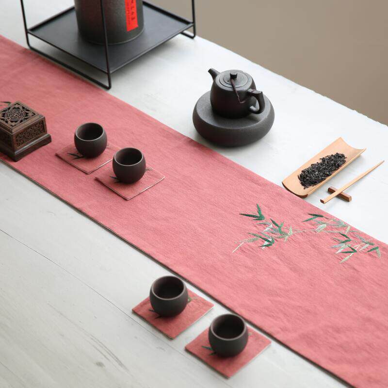 刺绣竹茶席麻布禅意布艺日式手工桌旗棉麻干泡席茶旗茶垫桌布香席