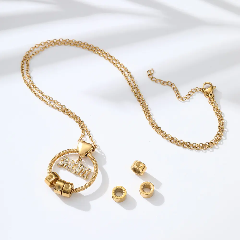 新款mom母亲节项链刻名字母珠子独立站12色生辰石钛钢饰品节