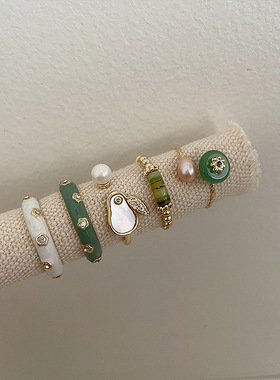 法式复古天然石珍珠滴油金属戒指女小众个性简约百搭气质指环戒子