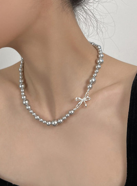 法式复古蝴蝶结渐变大小珍珠项链女小众设计感个性百搭颈链锁骨链