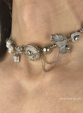 夸张个性金属滴油珍珠花朵项链女小众设计复古百搭时尚颈链锁骨链