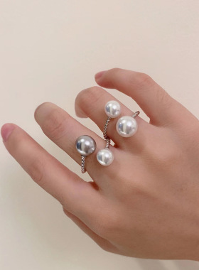 高级感交错大小珍珠开口戒指女轻奢优雅时尚气质百搭可调节指环