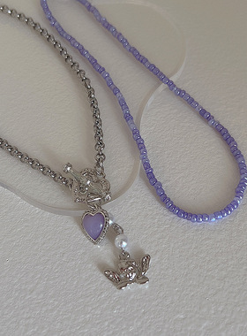 小众设计紫色水晶爱心双层项链女韩国个性简约百搭气质颈链锁骨链