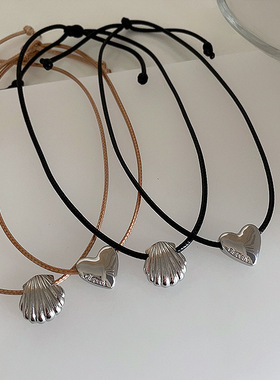 贝壳金属爱心项链女小众设计感复古个性百搭气质皮革颈链锁骨链