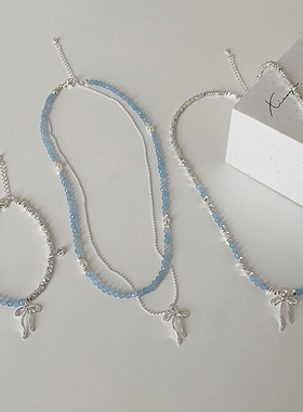 蓝色水晶串珠碎银子蝴蝶结项链女小众个性简约百搭气质颈链锁骨链