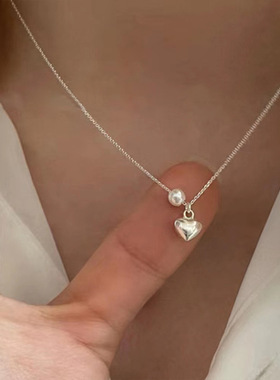 珍珠金属爱心吊坠项链女韩国小众复古个性百搭简约气质颈链锁骨链