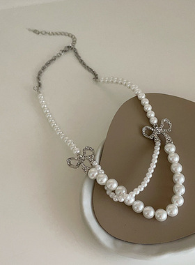 珍珠交错蝴蝶结项链女韩国小众复古个性百搭气质时尚颈链锁骨链