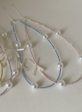 超仙珍珠丝带蝴蝶结项链女法式复古优雅轻奢气质百搭颈链锁骨链