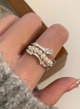轻奢高级感三层锆石珍珠开口戒指女优雅个性时尚潮流百搭指环戒子