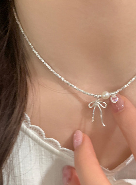 碎银子金属蝴蝶结爱心珍珠项链女设计感小众个性百搭颈链锁骨链
