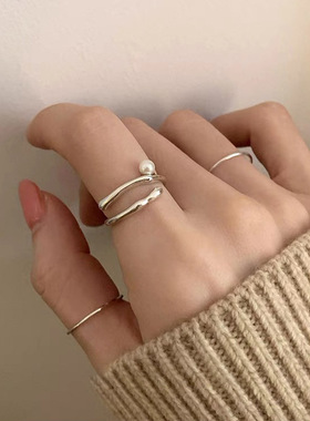 小众设计感不规则金属珍珠开口戒指女个性简约百搭气质指环戒子