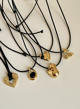 新中式黑色皮革绳子吊坠项链女小众高级感简约气质百搭颈链锁骨链