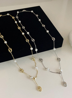 长款猪鼻子金属珍珠项链女设计感小众复古个性简约百搭颈链毛衣链