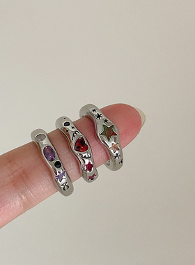 彩色锆石爱心星星金属开口戒指女韩国小众复古个性简约百搭指环