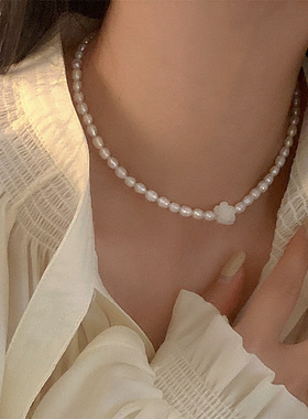 法式复古贝壳花朵淡水珍珠项链女韩国个性简约百搭气质颈链锁骨链
