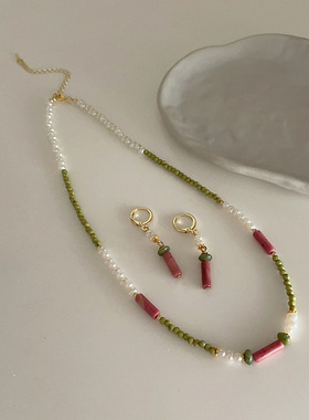 珍珠天然石串珠项链耳环女小众复古个性百搭气质时尚颈链锁骨链