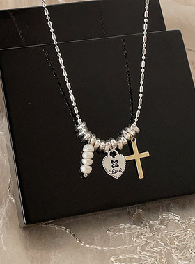 碎银子金属珍珠爱心十字架流苏项链女个性简约百搭气质颈链锁骨链