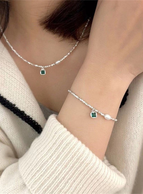 祖母绿锆石碎银子金属淡水珍珠项链女韩国小众复古个性颈链锁骨链