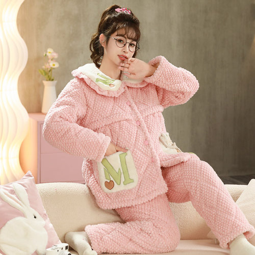 月子服秋冬产后特厚三层夹棉哺乳睡衣女怀孕期加厚保暖大码两件套
