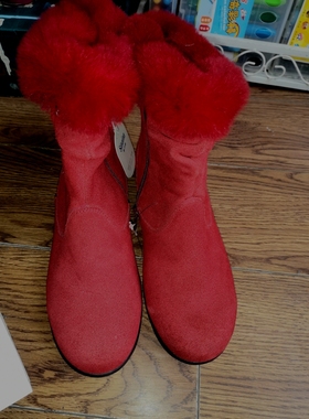 斯乃纳冬款中筒女童皮靴翻毛皮棉靴夾棉二棉大红色235mm/37码