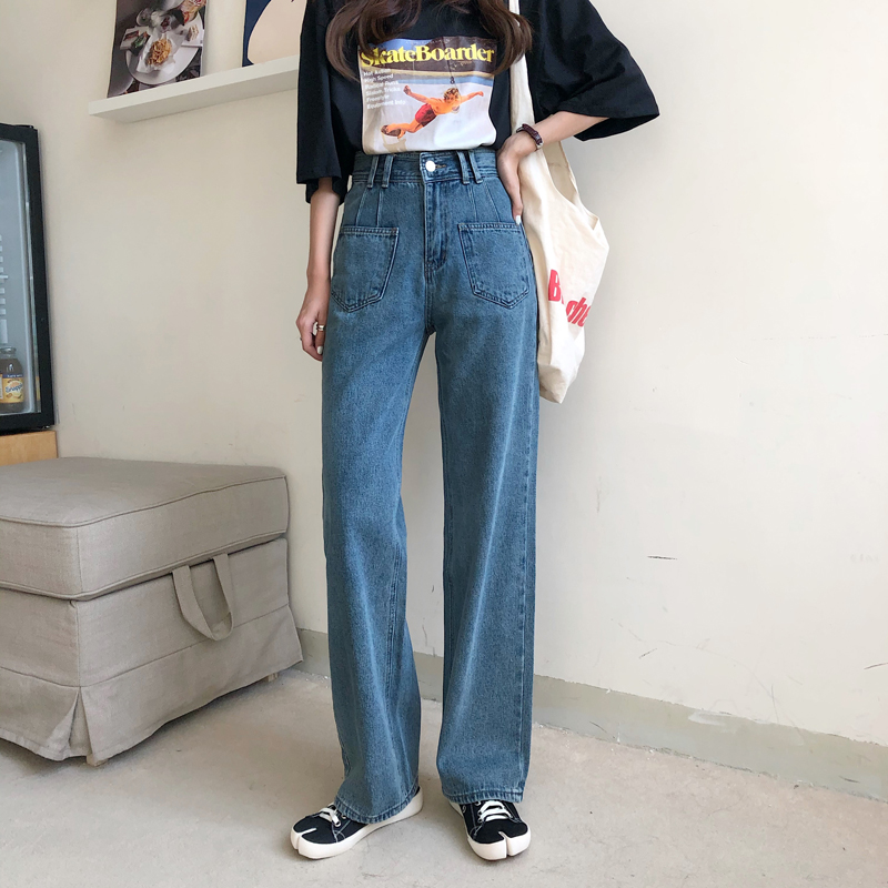 Real price foreign style pocket fashionable jeans 2020 new loose straight tube high waisted mops