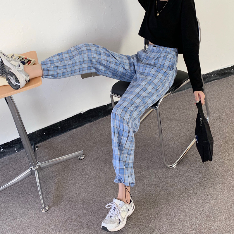 Real price Plaid Leggings 2020 new Plaid high waist casual pants with drawstring sports overalls for women