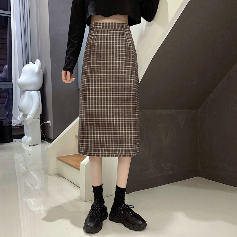 Real price early spring new Plaid mid length slim wrap hip skirt Hong Kong Style Skirt