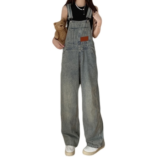 Real auction real price Retro Vintage feeling loose age reducing cowboy suspenders women's wide leg pants dad pants