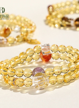 黄水晶串珠手链女小众高级感虎眼石红胶花双圈手串首饰批发