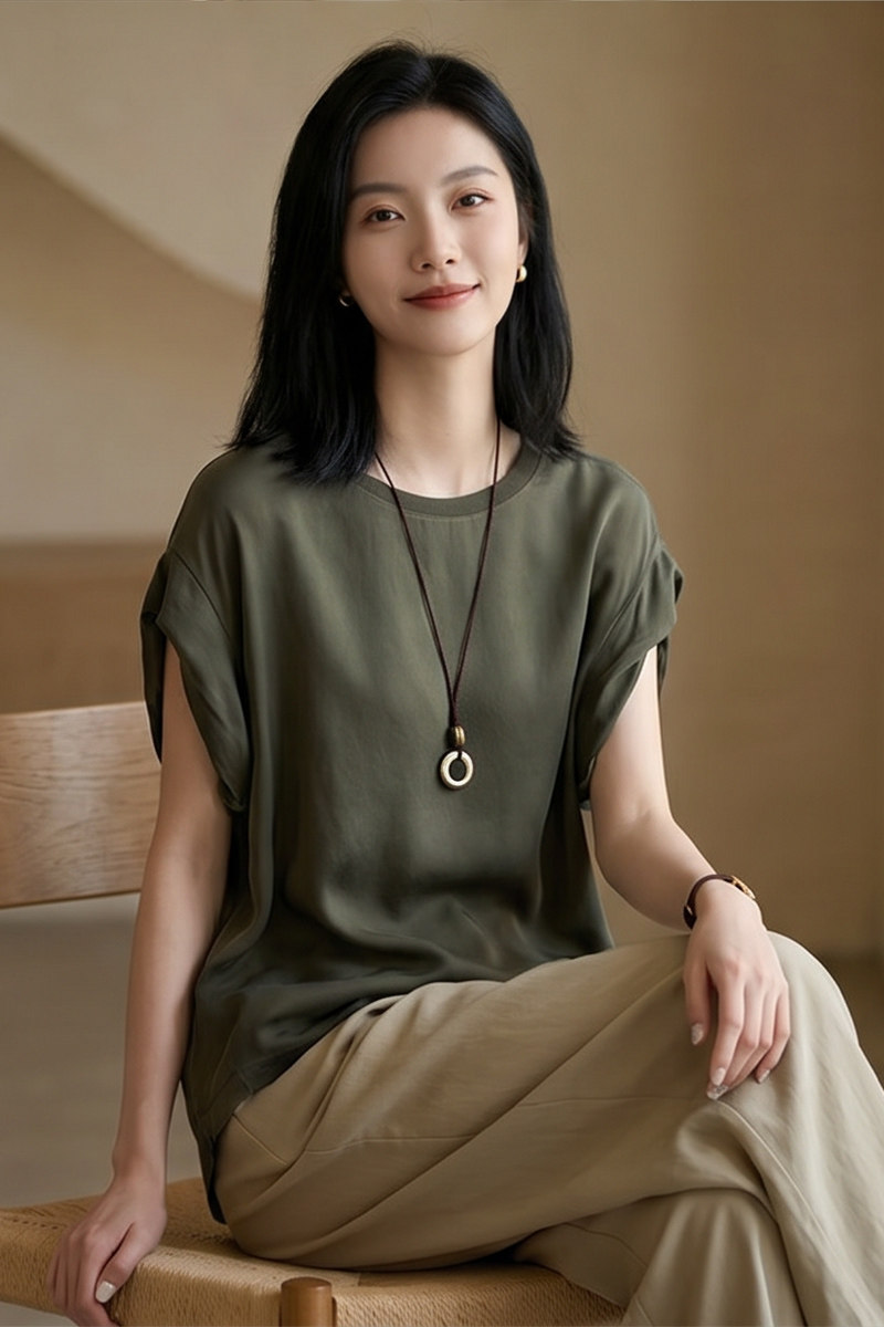 格调透气舒适铜氨纤维简约气质圆领简约小衫简约夏季新款女装上衣图片