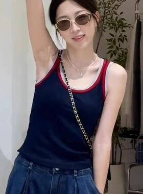 2025年夏季时尚撞色拼接吊带背心修身显瘦设计感无袖上衣打底女装