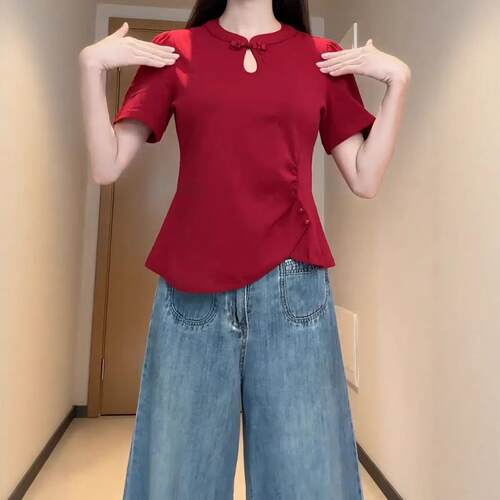 大码红色新中式盘扣镂空短袖T恤女2026夏季新款胖mm显瘦国风上衣