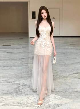高端轻奢高级感抹胸迎宾纱生日宴会礼服长裙一字肩露背绝美连衣裙