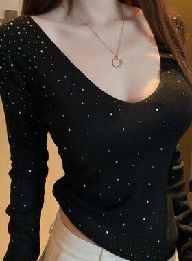 黑色V领爆闪烫钻针织衫女秋冬内搭修身显瘦巨好看设计感长袖上衣