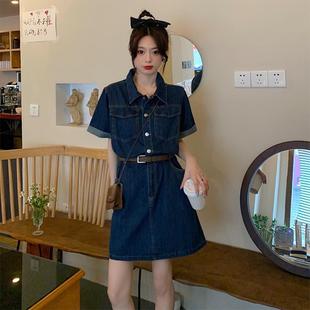 显瘦港味复古chic裙子 大码 胖MM法式 polo牛仔连衣裙女夏季 微胖衬衫
